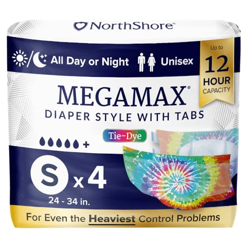 NorthShore MegaMax 12-Hour HBL Adult Diapers for Heavy Bladder Leaks, Small, 4 Count, Tie-Dye, 24-34 inches, Tab-Style Incontinence Underwear for Men, Women & Teens