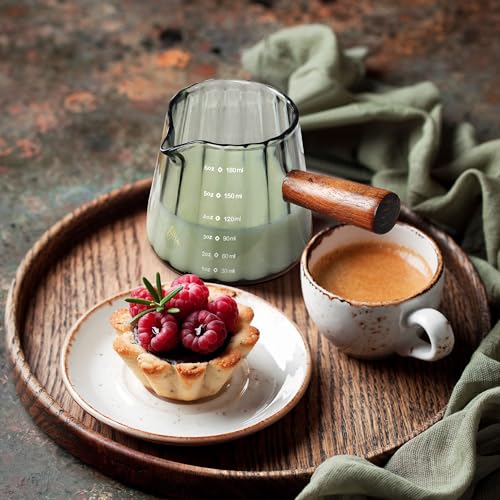 Joeyan Espresso Measuring Shot Glass Cup with Wood Handle, 180ml/6oz Measuring Jugs Espresso Shot Glass Small Milk Coffee Cups with V-Shaped Mouth for Coffee Machine, Grey - Image 3