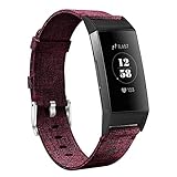 hooroor Woven Fabric Breathable Replacement Bands Compatible for Fitbit Charge 3 and Charge 3 SE Fitness Activity Tracker, Soft Accessory Sports Band Wristbands Strap Women Men (Red Colth, Large)