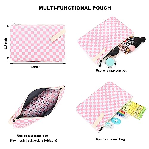 Checkered Mesh Backpack for Girls, Kids Teens School Backpacks Women Bookbags Semi-transparent Beach Backpacks (Pink)3