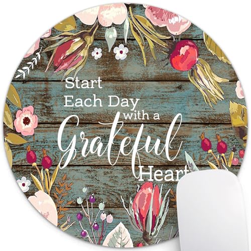 Wknoon Inspirational Quotes Round Mouse Pad, Start Each Day with A Grateful Heart Vintage Floral Rustic Old Wood Art Mouse Pads Mat
