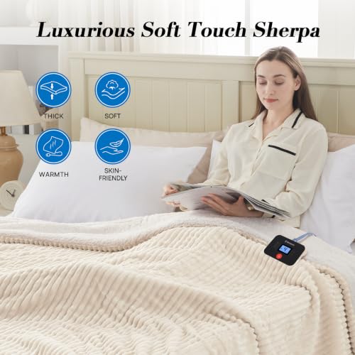 Image of Westinghouse Electric Blanket Twin, Flannel Sherpa, 62x84 Inch,Cream White | Twin Size Heated Blanket with 10 Heating Levels & 1-12 Hours Auto Shut Off, Fast Heating Warming Blanket, Machine Washable