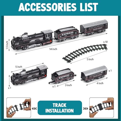 Image of Mini Rail King Train Set for Kids 3+ | Rechargeable Steam Engine with Passenger Coach & Coal Wagon | Smoke Effect, Music & LED Lights | Toy Railway Track Set