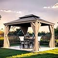 10'x12' Hardtop Gazebo - Wooden Coated Aluminum Frame Canopy with Galvanized Steel Double Roof, Outdoor Permanent Metal Gazebo Pavilion for Patios with Curtains and Netting - Wood Brown