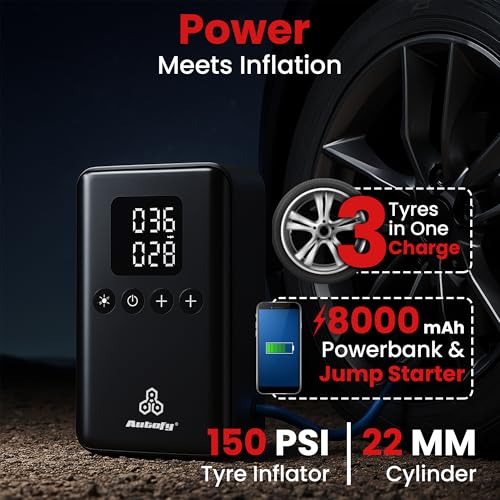 Image of Autofy VoltX 4-in-1 Car Jump Starter - 150PSi Car Tyre Inflator Pump Deflator - Powerbank - LED Torch - 8000mAH Battery - for Cars (Up to 6000cc) - 22mm Cylinder Most Heavy Duty [2 Years WARRANT'Y]