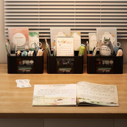 Image of ROKTRY Multi-Purpose Desk Organizer with [Number of Drawers] Transparent Drawers; Plastic Storage Box for Office Stationery, Study Table, Cosmetic & Jewelry, Medicine Cabinet Organizer (Black)