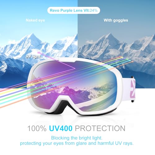 EXP VISION Ski Goggles for Men Women, OTG Snowboard Goggles with 100% UV Protection Anti Fog Lens Snow Goggles (Purple)