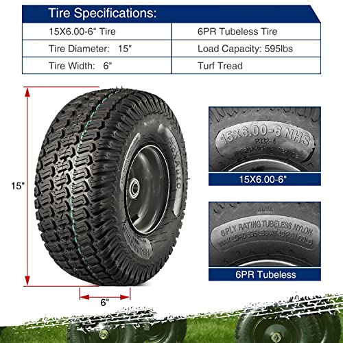Maxauto 2Pcs 15X6.00-6 Front Tire And Wheel Assembly Replacement For Craftsman John Deere Riding Mowers, 3"-3.5''-4.0''-4.5'' Centered Hub With 3/4" Or 5/8'' Axle Bore,Dark Gray Rim #TOP1