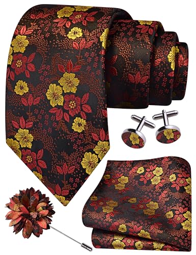Image of GUSLESON 3.15 inch(8cm) Mens Floral Tie and Lapel Pin Necktie Hankerchief Cufflinks Set for Men