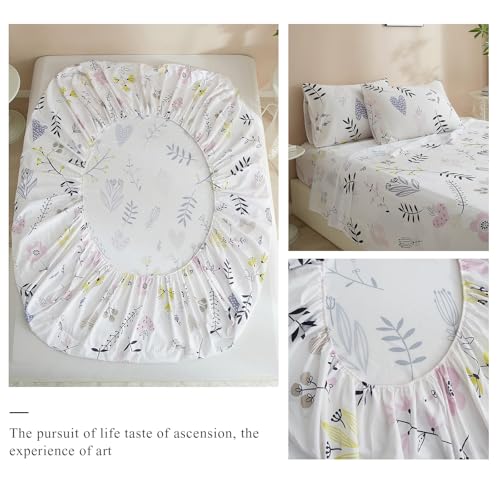 Image of HighBuy Queen Fitted Sheet Only - White Pink Botanical Floral - Ultra-Soft 15 inch Deep Pocket All Around Elastic - Luxury Microfiber Extra Soft Cooling Fitted Sheet for Women Girls Hot Sleepers
