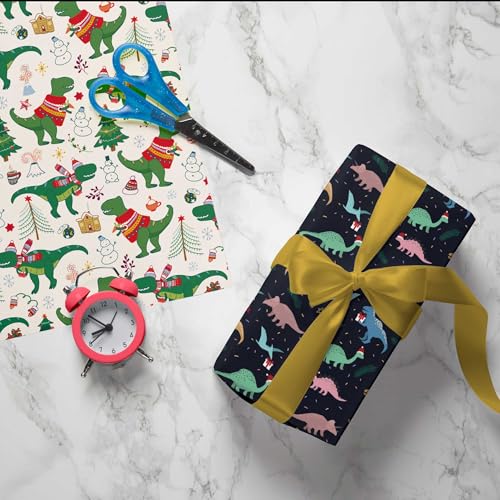 Dinosaur Christmas Wrapping Paper for Boys Girls Kids - Colorful Dinosaurs, Santa Hats and Christmas Tree Designs - Gift Wrap for Birthday, Baby Shower, Holiday - 6 Sheets, Each 28 x 40 Inches