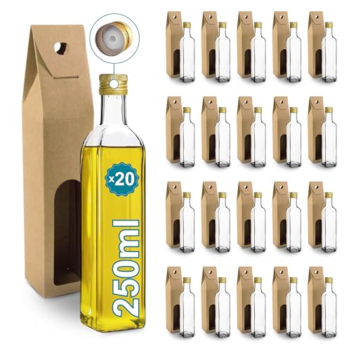 20 Bouteilles en Verre 250ml avec Bouchon a Vis Doré avec Bec Verseur + 20 Boîtes | Huile d'Olive, Vinaigre, Alcool, Sauces | Huilier en Verre
