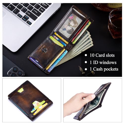 Image of Front Pocket Wallet for Men Slim Lightweight RFID Blocking Genuine Leather Bifold Thin Wallet with 10 Card Slots, Antiqued