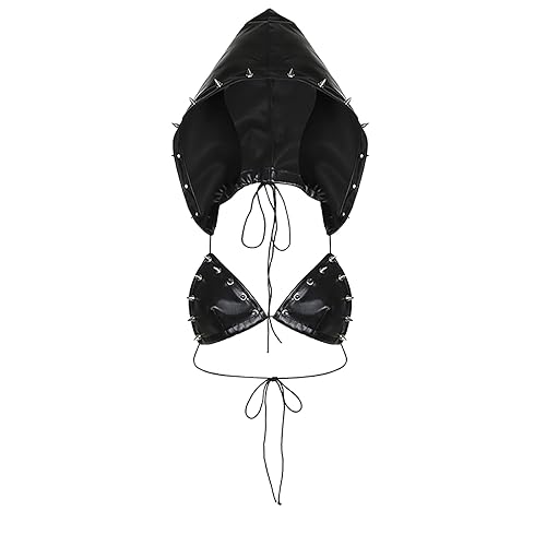 hzjuyicn Women PU Leather Cropped Crop Top Bra Hoodies Backless Punk Hip Hop Dance Sexy Rave Cloth - Small - Black Hooded