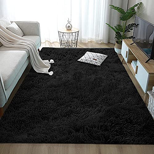 Aujelly Tapis shaggy, surface douce, douillet et antidérapant, carré, style moderne, décoration d'intérieur, pour salon, chambre à coucher, chambre d'enfant, salon, noir, 120 x 160 cm Cover