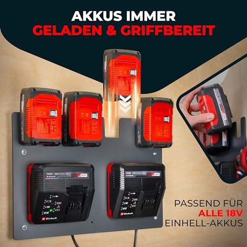 Wandfest Wandhalterung für Einhell Akkus und Ladegeräte - Das Original | Glänzende & Matte Seite [Made IN Austria] | Stabile Einhell Akku Halterung | 1-4 Akkus