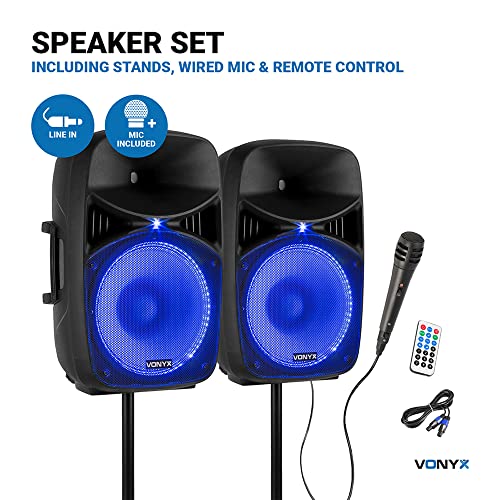 Vonyx VPS152A 15-Inch Active Party Speaker System with Bluetooth, Speaker Stands, Wired Microphone & LED Lights – Complete DJ PA System for Karaoke, Events, Parties & Stage Performance - Image 4