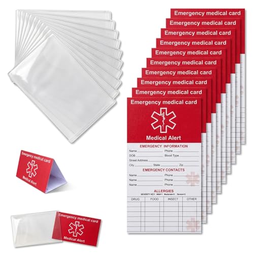 Emergency Contact Card for Wallet 10 Pack with 10 Sleeves, Red Thick Cardstock Medical Alert Allergy Cards for Wallet, Medication List Wallet Size Card for Phone, Handbags, Retirement Community