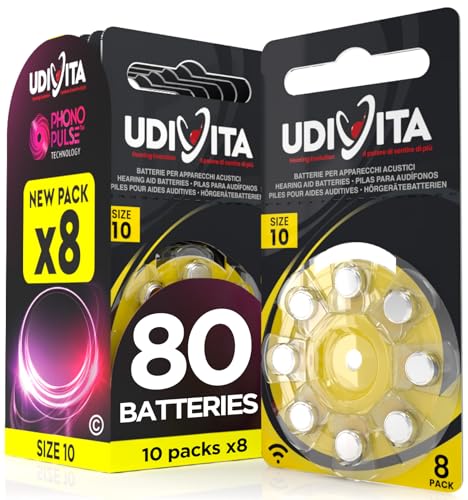 80 Hearing Aid Batteries Size 10 Udivita (Yellow) PR70 Zinc-Air with Phono Pulse Technology - 10 Blisters of 8 Batteries