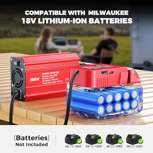 Image of Ecarke 300W Portable Power Inverter Compatible with Milwaukee 18V Battery, DC 20V to AC 110V Power Station with 2 AC Outlets, 3 USB Ports & 1 Type-C 18W, for Camping RV Emergency Use (No Battery)
