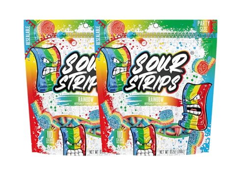 Sour Strips Sour Candy Belts, Rainbow Resealable Candy Bags, 10.2 Ounce (Pack of 2)