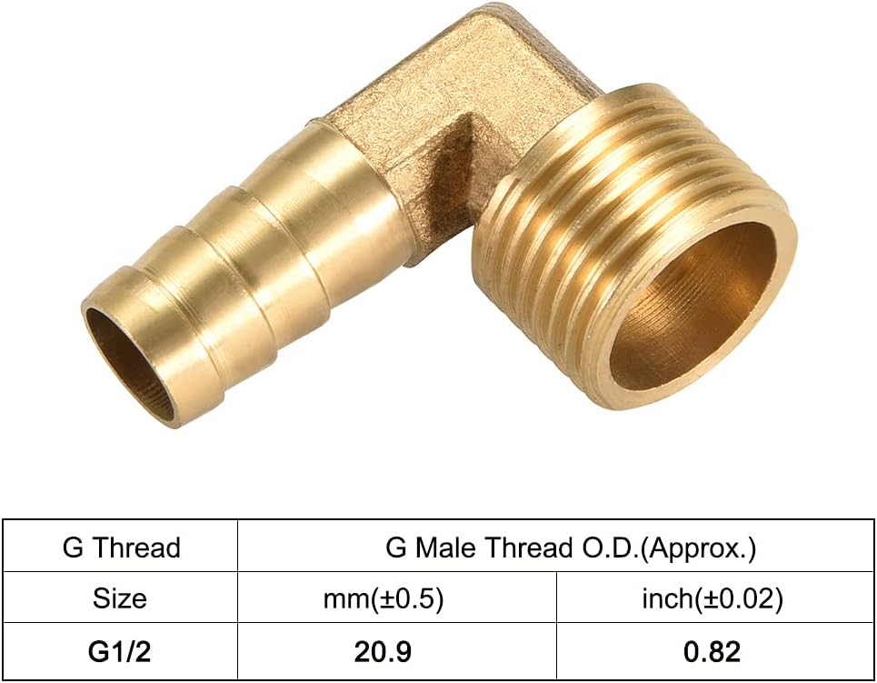 uxcell Brass Barb Hose Fitting, 90 Degree Elbow 12mm Barbed to 1/2G Male Pipe Adapter Connector 2pcs