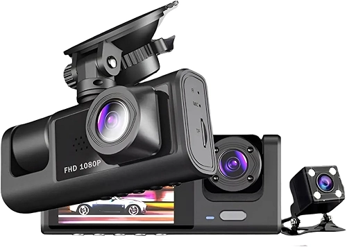 Camera Veicular Tripla 3 Lentes Full HD 1080 | Visao Noturna Frontal Interna Externa Automotiva Tela LCD" | Carro Caminhao Taxi