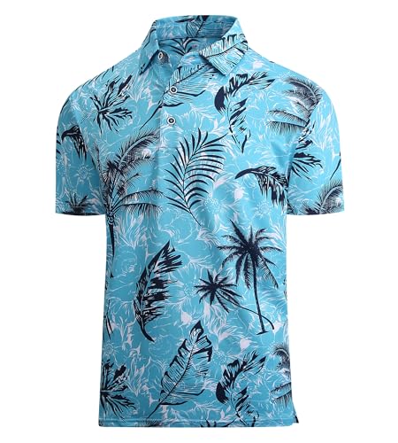 Alex Vando Mens Hawaiian Golf Shirt Moisture Wicking Digital Print Golf Shirts for Men,Blue Palm Tree,L