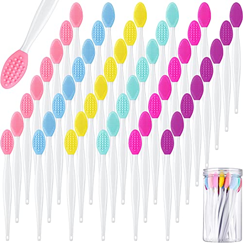 48 Pieces Double-Sided Silicone Exfoliating Lip Brush with Container, Silicone Lip Scrubber Soft Cleaning Lip Brush Face Cleaning Applicator for Plump Smoother and Fuller Lip Appearance, 6 Colors