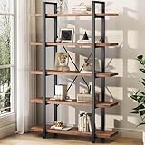 HSH Solid Wood Bookcase, 5 Tier Industrial Rustic Vintage Etagere Bookshelf, Open Metal Farmhouse Book Shelf, Distressed Brown