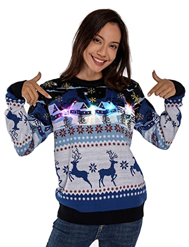 Ugly Christmas Sweater, Funny Chunky Fair Isle Jumper with Santa Reindeer Snowflake,Unisex Festive Knitted Xmas Pullover Long Sleeve Pullover for Party