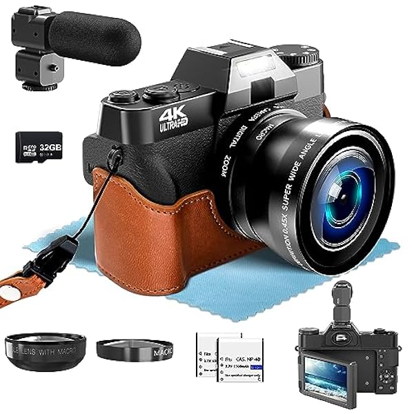 4K Fotocamera Digitale per la fotografia con microfono esterno regolabile, Videocamera Vlogging da 48MP, obiettivo grandangolare e Macro da 52 mm, con schermo ribaltabile a 180°, scheda TF da 32 GB