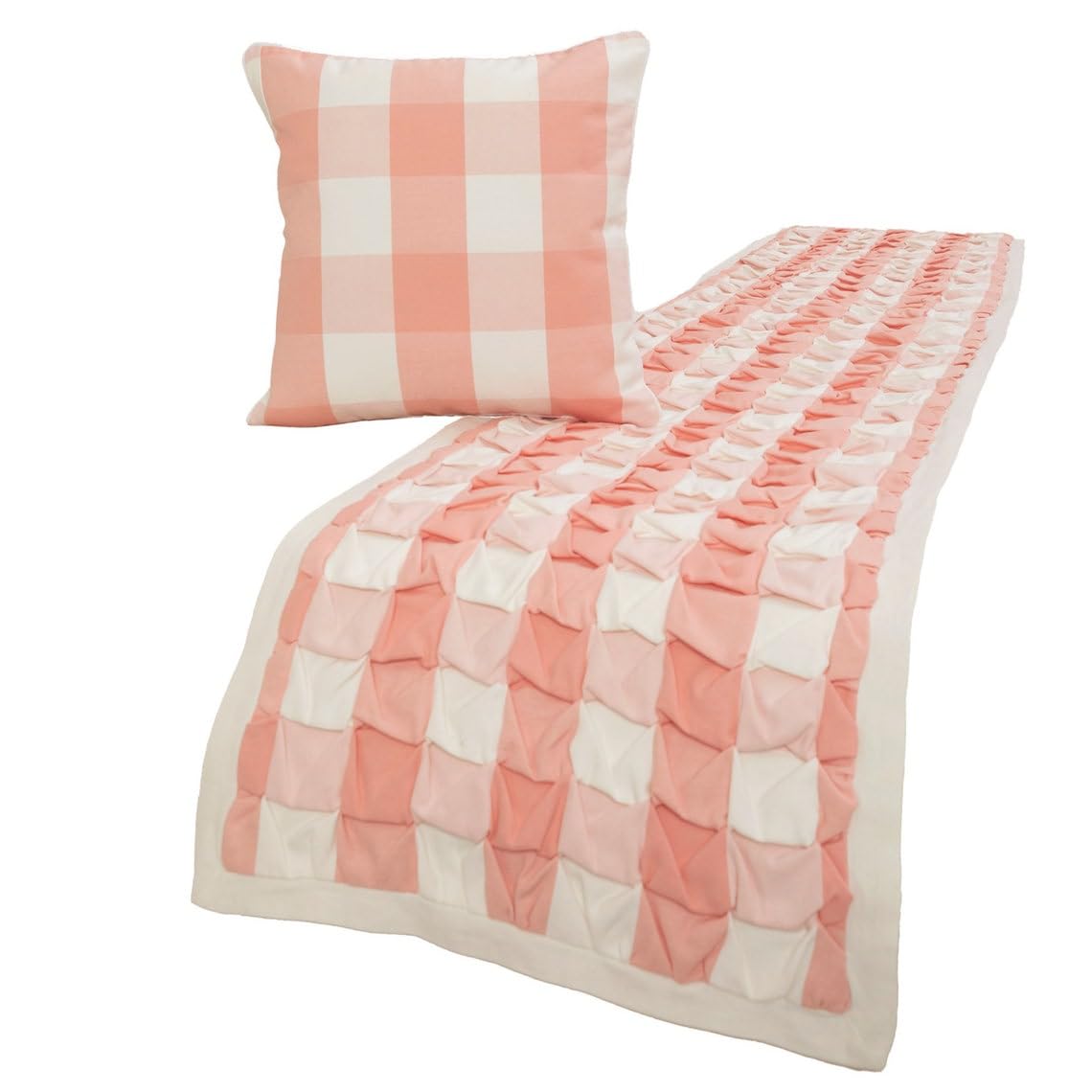 The HomeCentric King/Queen/Twin Peach Pink Decorative Full 170x45 cm Bed Runner With 2 Cushion cover, Textured & Buffalo Checks Bed Scarf on Cotton fabric - Buffalo Plaid Peach