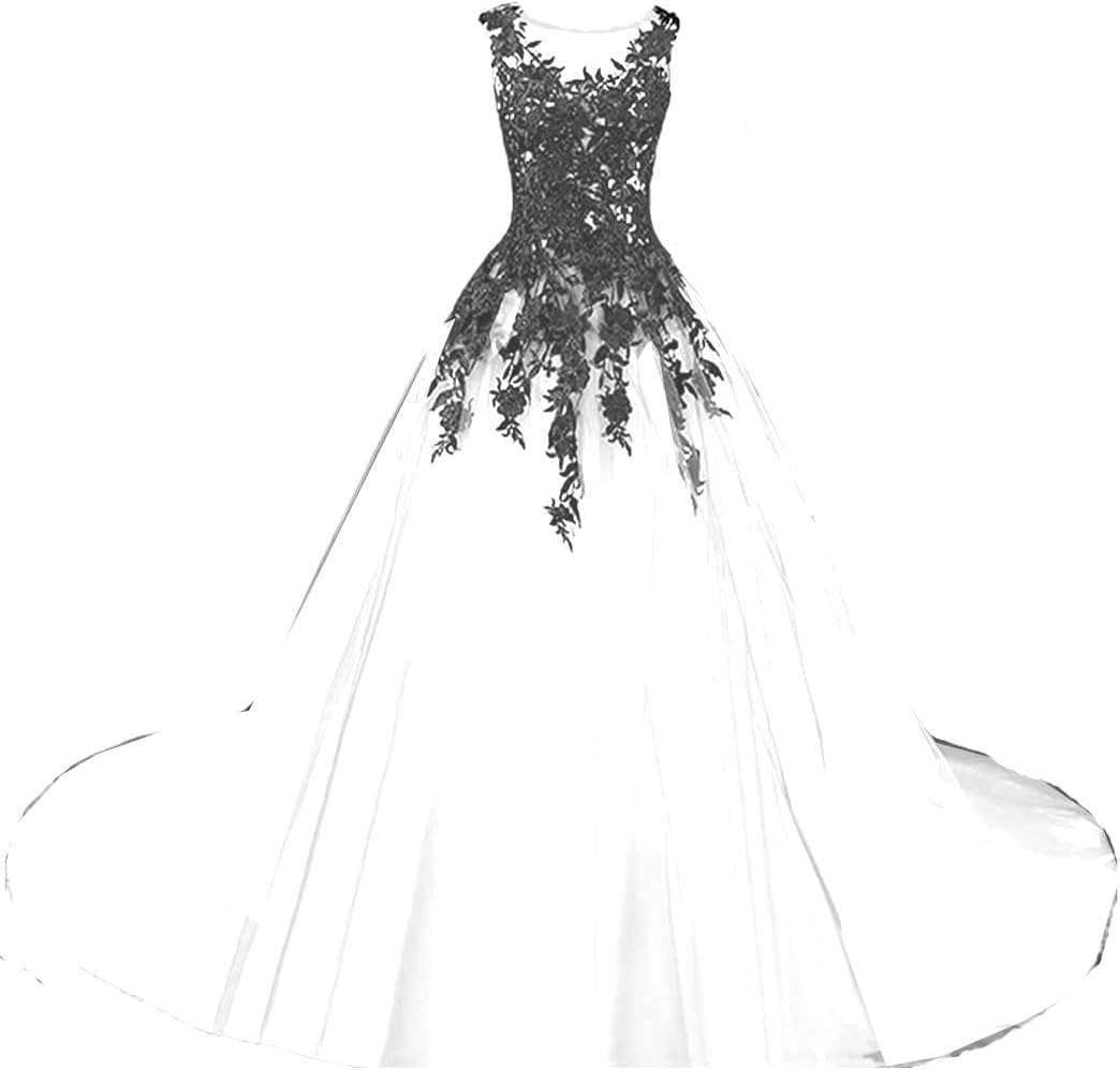 Gothic Long Black Lace Sheer Bateau Prom Wedding Dresses Gray Tulle Formal Ball Gown