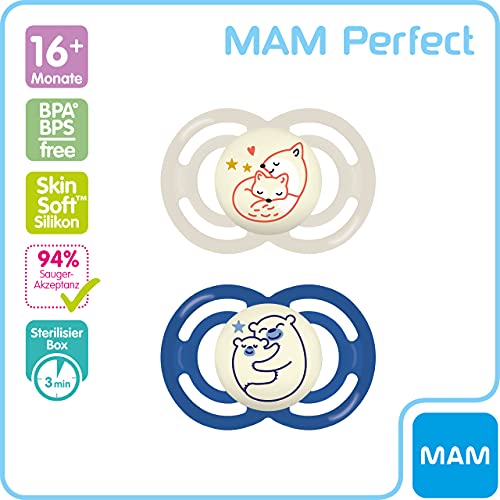 MAM Perfect Night - Juego de 2 chupetes antideformación dental, delgados y flexibles, brillan en la oscuridad, 16 meses, diseño de zorro/oso , Instrucciones en Lengua Extranjera