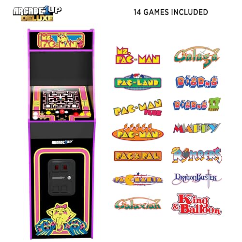 Ms. Pac-Man Deluxe Arcade Machine for Home: Full-Size Stand-Up Cabinet with 14 Classic Games and 17-Inch Screen