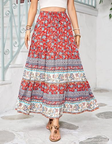 Womens Summer Casual Floral Print Midi Skirt 2025 Boho Elastic Waist Tiered A Line Flowy Swing Beach Vacation Skirts4