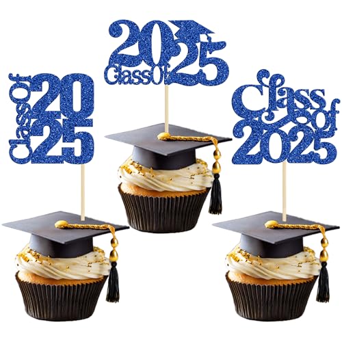 30 Pack 2025 Graduation Theme Cupcake Toppers Glitter Class of 2025 Cupcake Picks Graduation Cap Cake Decorations for 2025 Graduation Theme Party Supplies Blue