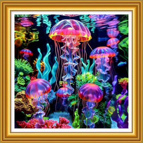 Image of Foxhool Stamped Cross Stitch Kits,11CT Printed Cross Stitch Pattern Full Embroidery Kits for Beginner Needlepoint Kits&Rainbow Jellyfish 18x18 inch