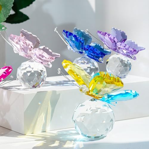 Image of Rose Red and Pink Crystal Butterfly with Ball Base Figurine Decor | Rose Red and Pink Crystal Butterfly Figurine with Ball Base Glass Animal Ornament for Home Office Desk Shelf Display