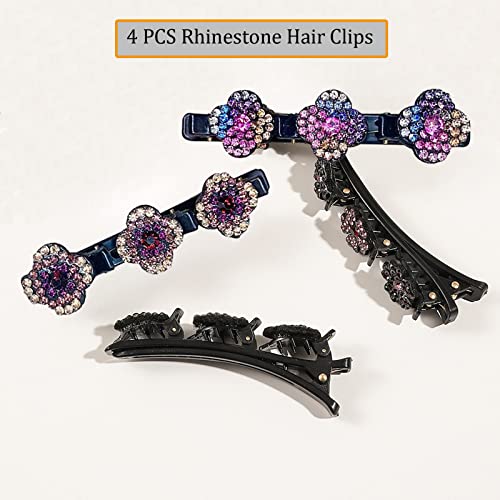 4Pcs Sparkling Crystal Stone Braided Hair Clips, Four-Leaf Clover Chopped Hairpin Duckbill Clip With 3 Small Clips, Braided Hair Clip With Rhinestones For Women/Girls #TOP3
