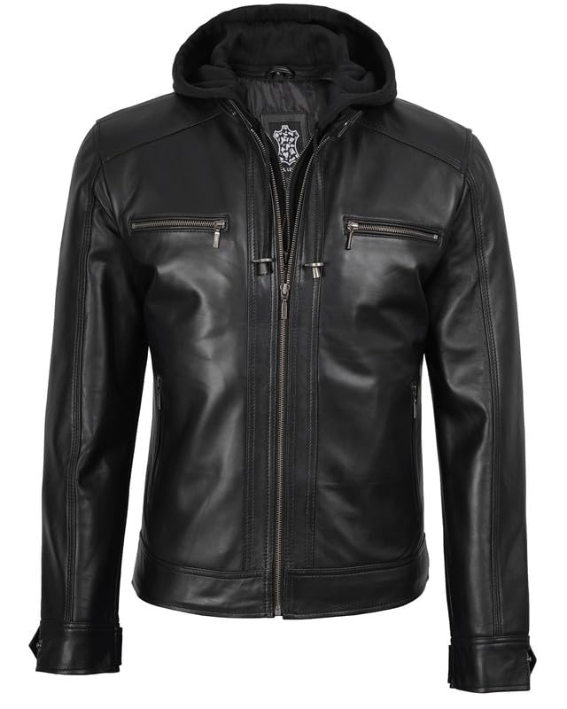 Decrum Hooded Leather Jacket Men - Detachable Hood Real Lambskin Mens Leather Jacket4