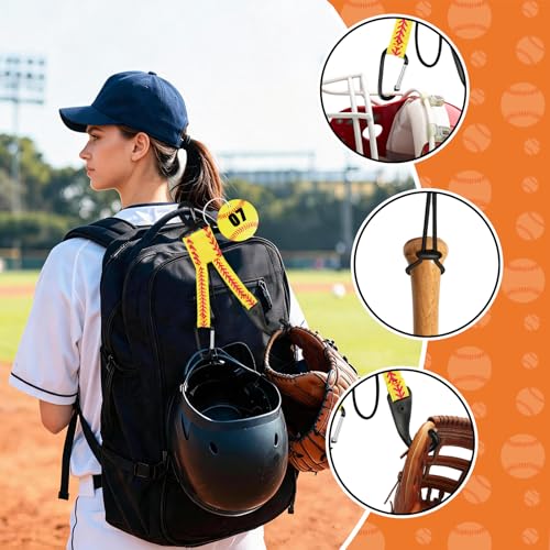 Eyourlife Dugout Organizer Fence Hooks Baseball Softball Gift for Bag Backpack Glove Helmet Drinking Bottle Hanging with Name Luggage Tags Charms Team Gifts for Coach Mom (12set Yellow Softball) — view 4