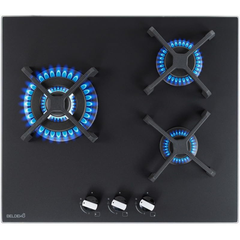 BELDEKO Plaque Gaz 3 Feux 6200W Noir Mat Grilles Fonte - Marque Française