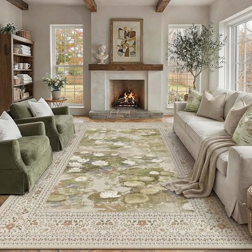 Washable 6x9 Area Rug for Living Room Beige Floral Indoor Large Carpet Non Slip Low Pile Vintage Impressionist Rugs for Bedroom Dining Room Nursery Pl