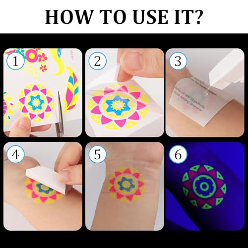 12 cartes Tatouage Phosphorescent Néon Tatouages Temporaires Tatouage à la lumière noire Fluo Reaction Art Corporel Pour Halloween Fête Fluorescente, Carnaval – vue 7
