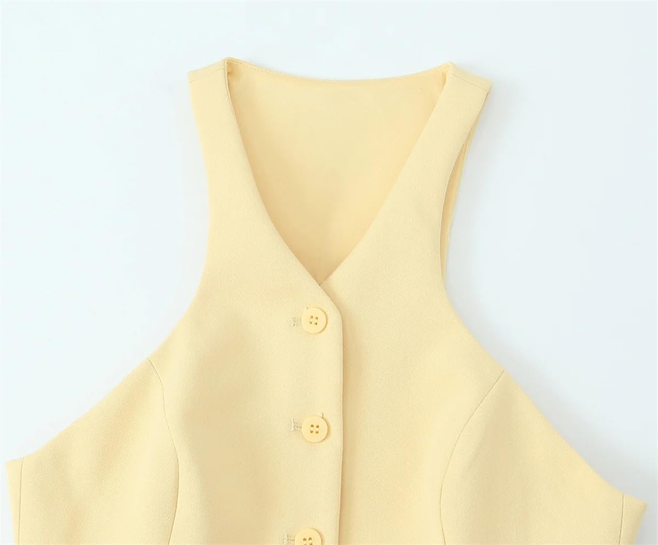 Women's Summer Set Yellow V Neck Sleeveless Belted Top With Waist Pocket And Long Skirt Female Suit