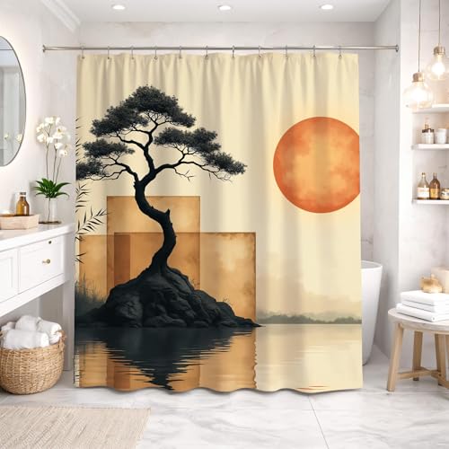 Rideau de douche japonais bonsaï imprimé géométrique beige - 2