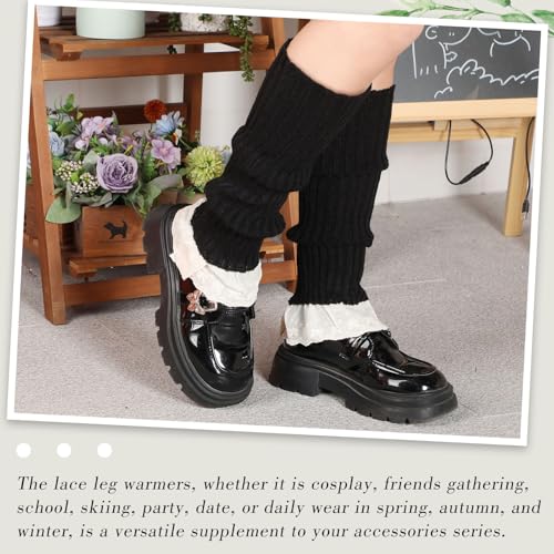 Image of Coume Women Lace Leg Warmers Y2k Kawaii Lolita Leg Cover Warmer Knit Harajuku Japanese Flared Socks Cute Worn up or Down (Black)