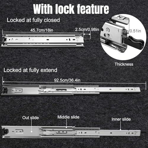Heavy Duty Locking Drawer Slides 18 Inch 1 Pair Full Extension Drawer Slides with Lock 250 lb Load Capacity 3-Fold Full Extension Side Mount Ball Bearing Industrial Locking Rail